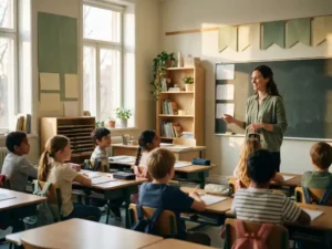Zelfverzekerde leraar begeleidt aandachtige leerlingen in een rustig basisschoollokaal met warm middaglicht en houten accenten.