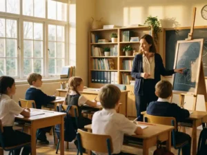 Basisschoolleraar begeleidt aandachtige leerlingen aan houten tafels in een rustig, zonnig klaslokaal met boekenkast op de achtergrond.