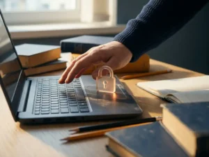 Leraarshand boven schoollaptop met transparant hangslot op trackpad, omringd door schoolboeken en potloden op klaslokaalbureau.