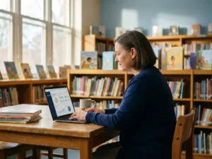 Schoolbibliothecaresse bekijkt een contentdashboard op laptop aan houten bureau, boekenkasten met kleurrijke boeken op de achtergrond.