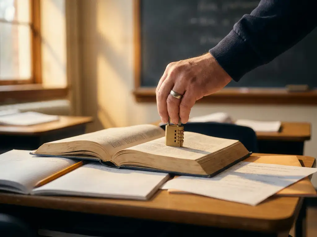 Leraarhand die een cijferslot op een open leerboek legt, omringd door notitieboeken en potlood in warm middaglicht.