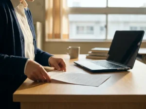 Schoolbeheerder legt internetbeleidsdocument op houten bureau naast open laptop, zacht natuurlijk licht vanuit klaslokaalraam.