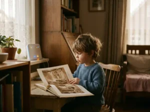 Jong kind aan houten bureau met schoolboek, fiber-optic router zacht oplichtend, warme Nederlandse woonkamer in middaglicht.