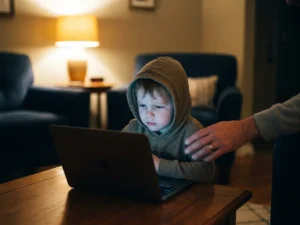 Kind alleen achter gloeiend laptopscherm in donkere woonkamer, bezorgde blik, hand van ouder reikt beschermend naar voren.