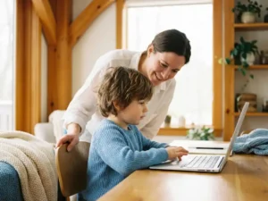Jong kind typt op laptop aan houten bureau, begeleid door ouder in warme huiselijke omgeving met natuurlijk raamlicht.