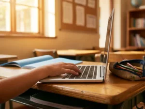 Jong kind typt op laptop aan houten schoolbank, met kleurrijk pennenetui en open schrift, in warm verlicht klaslokaal.