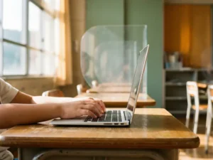 Kinderhanden typen op een kleine laptop aan een houten schooltafel, warm zonlicht stroomt door grote ramen.