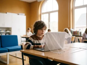 Kind achter laptop in lichte Nederlandse klas, met subtiel beschermend netwerk over het scherm zichtbaar, natuurlijk daglicht.