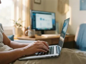 Handen op laptoptoetsenbord in lichte thuiskantoor met tweede scherm op achtergrond en warm natuurlijk licht.