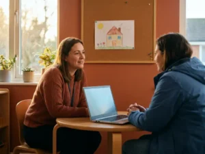 Leraar en ouder in gesprek aan houten tafel in klaslokaal, laptop open tussen hen, kindertekening van huis aan de muur.