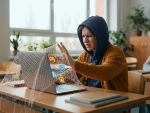 Gefrustreerde leerling aan schoolbank die laptop probeert te bereiken, geblokkeerd door transparant net voor game-iconen.