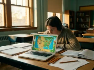 Student met koptelefoon speelt educatief spel op schoollaptop, omringd door notitieboeken en potloden op een houten bureau.