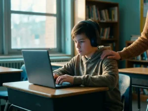 Student met draadloze koptelefoon aan schoolbureau, ouderlijke hand op schouder, laptop met blauw schermgloed, boekenkasten op achtergrond.