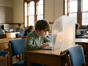 Jonge student aan houten schoolbank gefocust op laptop, omgeven door warm klaslokaallight en rustgevende groene en blauwe tinten.