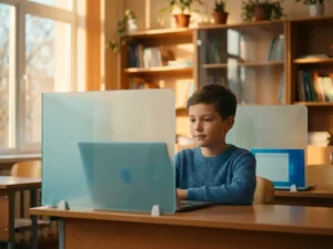 Jonge leerling achter laptop op schoolbank, beschermd door glazen schild, warme klasomgeving met boekenkast op achtergrond.