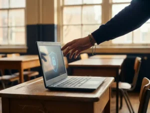 Leerlinghand reikt naar schoollaptop op houten klaslokaalbureau, met een zacht digitaal schildsymbool zichtbaar in het schermgloed.