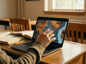 Student reikt naar laptop met kleurrijke spelgraphics in zonnig klaslokaal, leerboeken opzijgeschoven op houten bureau.