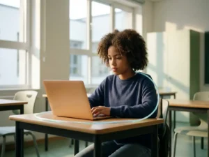 Jonge student aan schoolbank werkt geconcentreerd op laptop in modern klaslokaal met groot raam en natuurlijk licht.