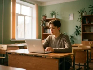Jonge student aan houten schoolbank met open laptop in rustig, lichtgevuld klaslokaal met saliegroen muren.