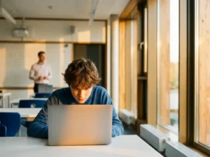 Jonge student leunt geconcentreerd naar een laptop in een lichte moderne klas, met warm middaglicht door grote ramen.
