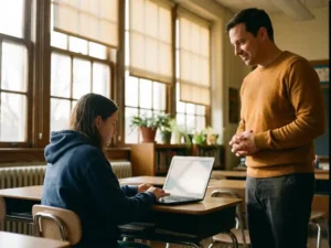 Student werkt op laptop aan schoolbank terwijl leraar rustig toekijkt in zonnig klaslokaal met grote ramen.