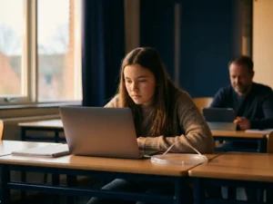 Student werkt geconcentreerd op laptop aan schoolbank, met zachte amberkleurige klaslokaalverlichting en ouderlijk toezicht op achtergrondscherm.