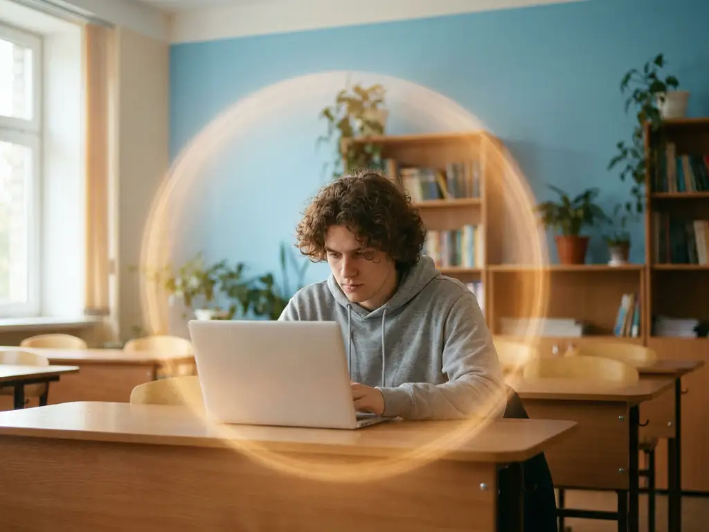 Jonge leerling werkt geconcentreerd op laptop aan schoolbank, omgeven door warm amberkleurig licht, met boekenkasten op de achtergrond.