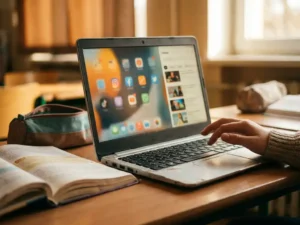Leerlinghand boven schoollaptop met sociale media en video's op scherm, studieboeken opzijgeschoven op klaslokaalbureau.