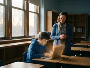 Leerling werkt op laptop aan schoolbank terwijl leraar toekijkt, warme sfeer in lichtrijke klas.
