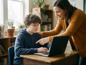 Leraar legt bemoedigend hand op schouder van leerling achter laptop in warm verlicht klaslokaal.