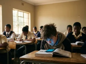 Leerling verstopt smartphone onder schoolboek aan bureau, terwijl klasgenoten geconcentreerd werken in warm verlicht klaslokaal.