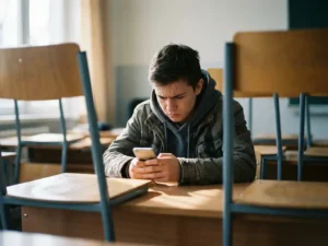 Jonge leerling zit alleen aan schoolbank gebogen over smartphone met gespannen blik, omringd door lege stoelen in wazig klaslokaal.