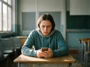 Jonge leerling alleen aan schoolbank, bezorgd starend naar smartphone, zachte tealen grijstinten in onscherpe klasomgeving.