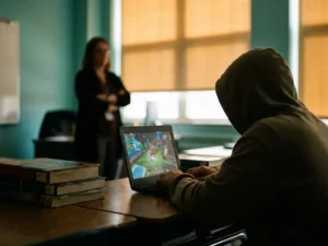 Student speelt kleurrijke online spelletjes op schoollaptop, schoolboeken opzijgeschoven, leraar vaag op achtergrond.