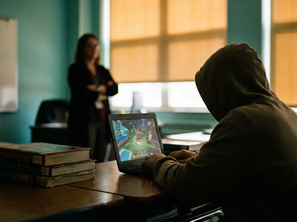 Student speelt kleurrijke online spelletjes op schoollaptop, schoolboeken opzijgeschoven, leraar vaag op achtergrond.