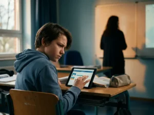 Leerling aarzelt over schooltablet aan klaslokaalbureau, met toezichthoudende leraar op achtergrond en tekstboeken in warm-blauw licht.