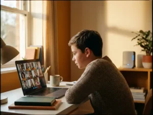 Jonge student aan thuisbureau in gesprek via videobel op laptop, fiber-optic router op achtergrond, warm middaglicht.