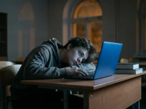 Leerling onderuitgezakt aan schoolbank, starend naar laptopscherm in donker klaslokaal met tekstboeken opzijgeschoven.