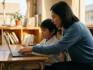 Leraar begeleidt jonge leerling bij laptop op schoolbank, warme klasomgeving met boekenkasten en middaglicht op de achtergrond.