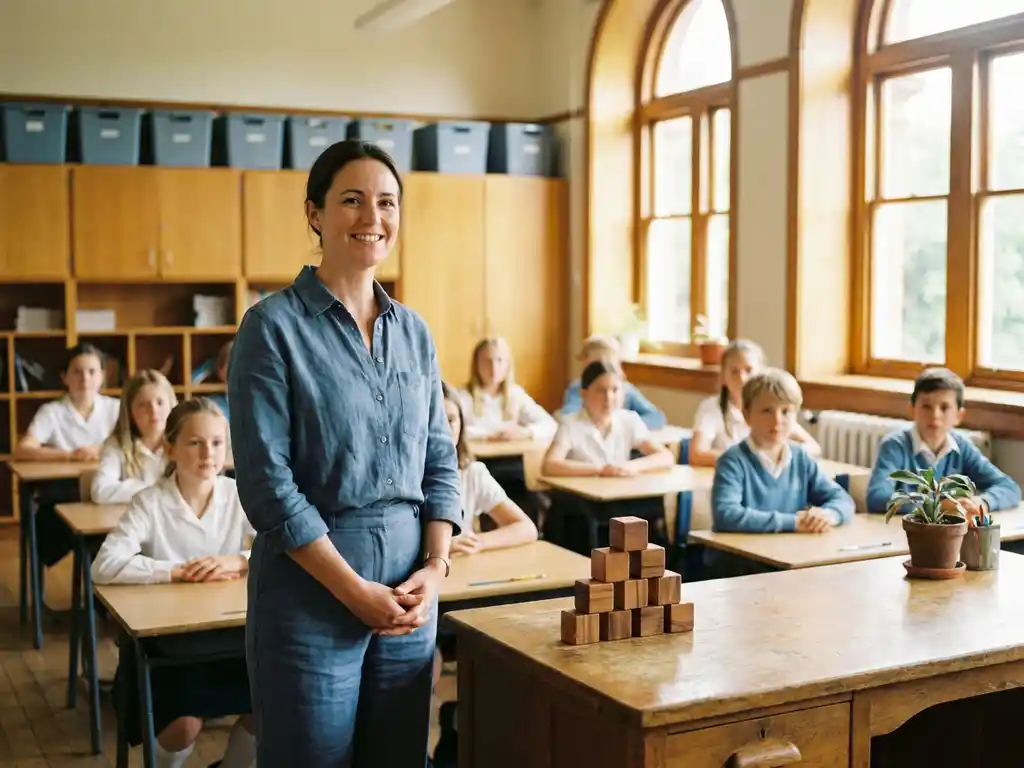 Lerares staat zelfverzekerd voor een lichte klas met negen houten bouwblokken op het bureau, terwijl leerlingen aandachtig zitten.