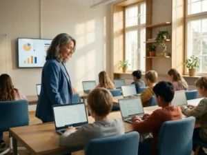 Leraar voor een modern klaslokaal met leerlingen op laptops en een digitaal activiteitendashboard aan de muur, warm natuurlijk licht.