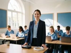 Leraar voor een lichte klas met aandachtige leerlingen achter laptops en een router op het bureau.
