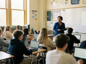 Zelfverzekerde leraar voor een rustig klaslokaal met aandachtige leerlingen achter laptops, warm ochtendlicht door hoge ramen.