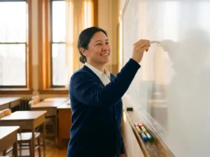 Leraar voor een wit schoolbord met vijf gekleurde markers, warm ochtendlicht door hoge ramen, lege leerlingenbankjes op de achtergrond.