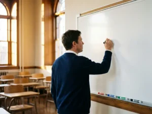 Leraar bij een verlicht klaslokaal whiteboard met vier gekleurde stiften, warm ochtendlicht door hoge ramen, leerlingenbureaus op de achtergrond.