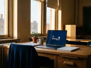 Leraarslaptop met blauw schermgloed op houten bureau, leerlingschermen weerspiegeld in monitor, middagzon door hoge ramen.