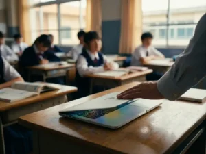 Leraar sluit laptoplid met kleurrijk spel op scherm, terwijl leerlingen met tekstboeken op houten tafels studeren in warm middaglicht.