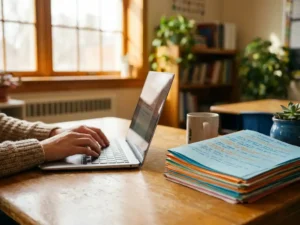 Leraar typt op laptop aan klaslokaalbureau met kleurrijke werkbladen en warm natuurlijk licht.