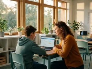 Leraar knielt naast leerling bij schoolbank en bekijkt samen een laptopscherm in een lichte, moderne klas.