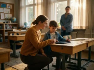 Leraar knielt naast leerling aan schoolbank en wijst naar omgekeerde tablet, bezorgde ouder op de achtergrond bij zonnig klaslokaalraam.